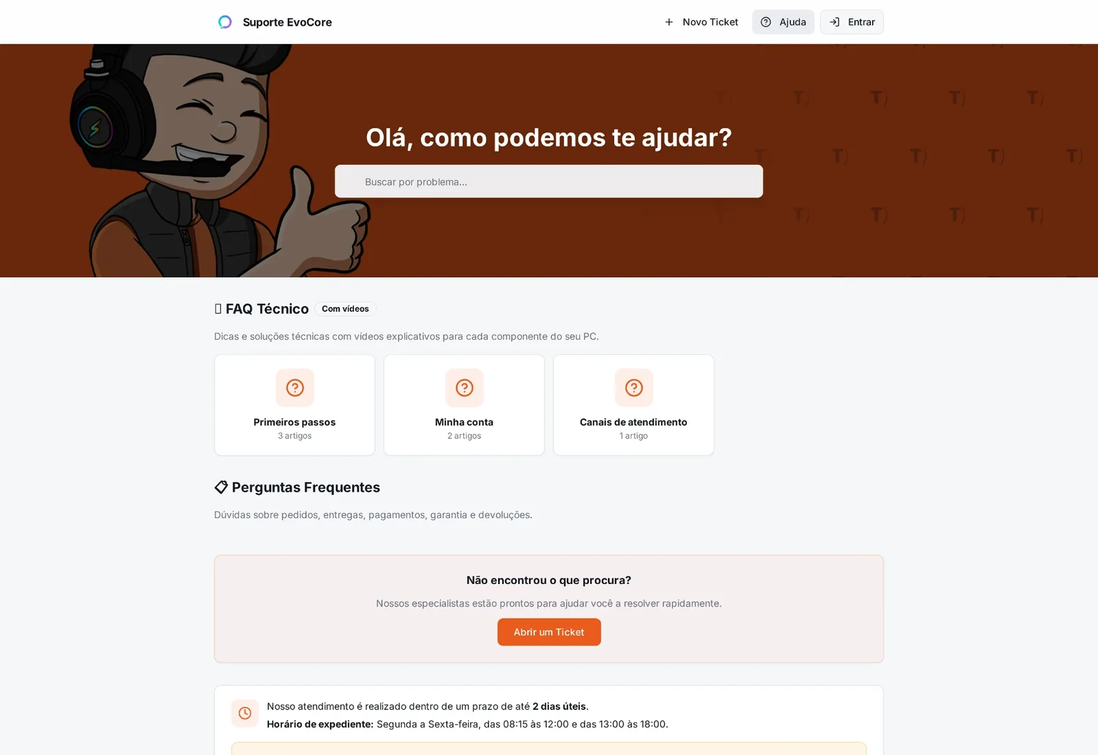 Central de ajuda do EvoCore com busca, artigos por categoria e abertura de ticket