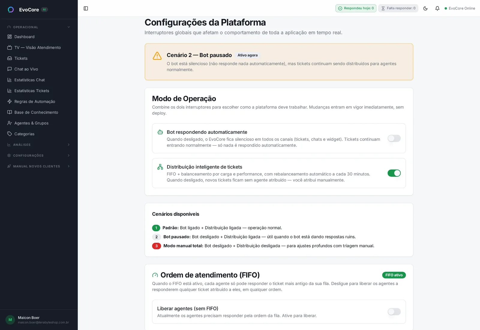 Configurações da plataforma EvoCore com modos de operação e distribuição inteligente