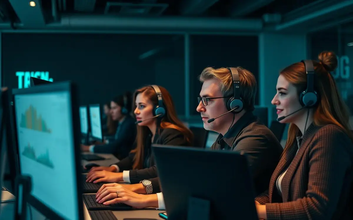 Equipe de atendimento acompanhando indicadores em uma central de suporte