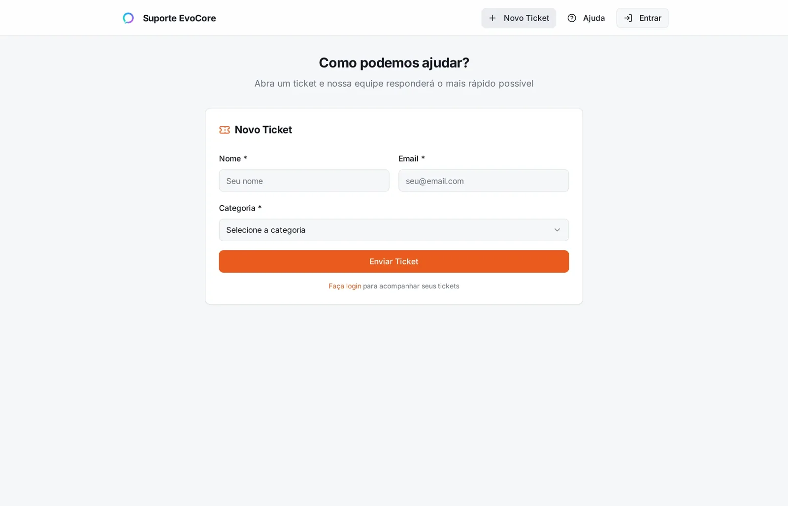 Formulário de abertura de ticket no portal do EvoCore
